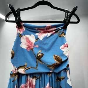 Mother Bee Maternity Floral strapless maxi Blue Dress with pockets